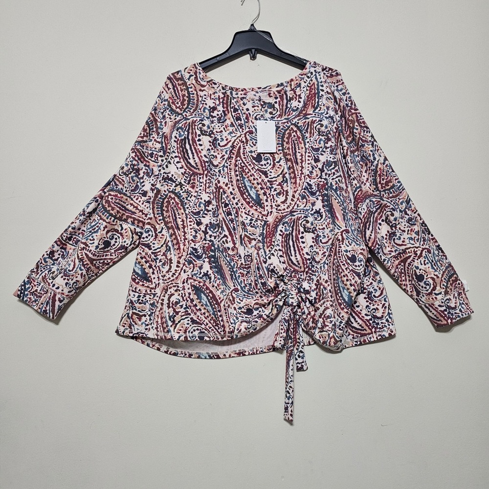 Westbound Womens Top Blouse Plus 3X Multicolor Ruched Waist Tie Long Sleeve 0946